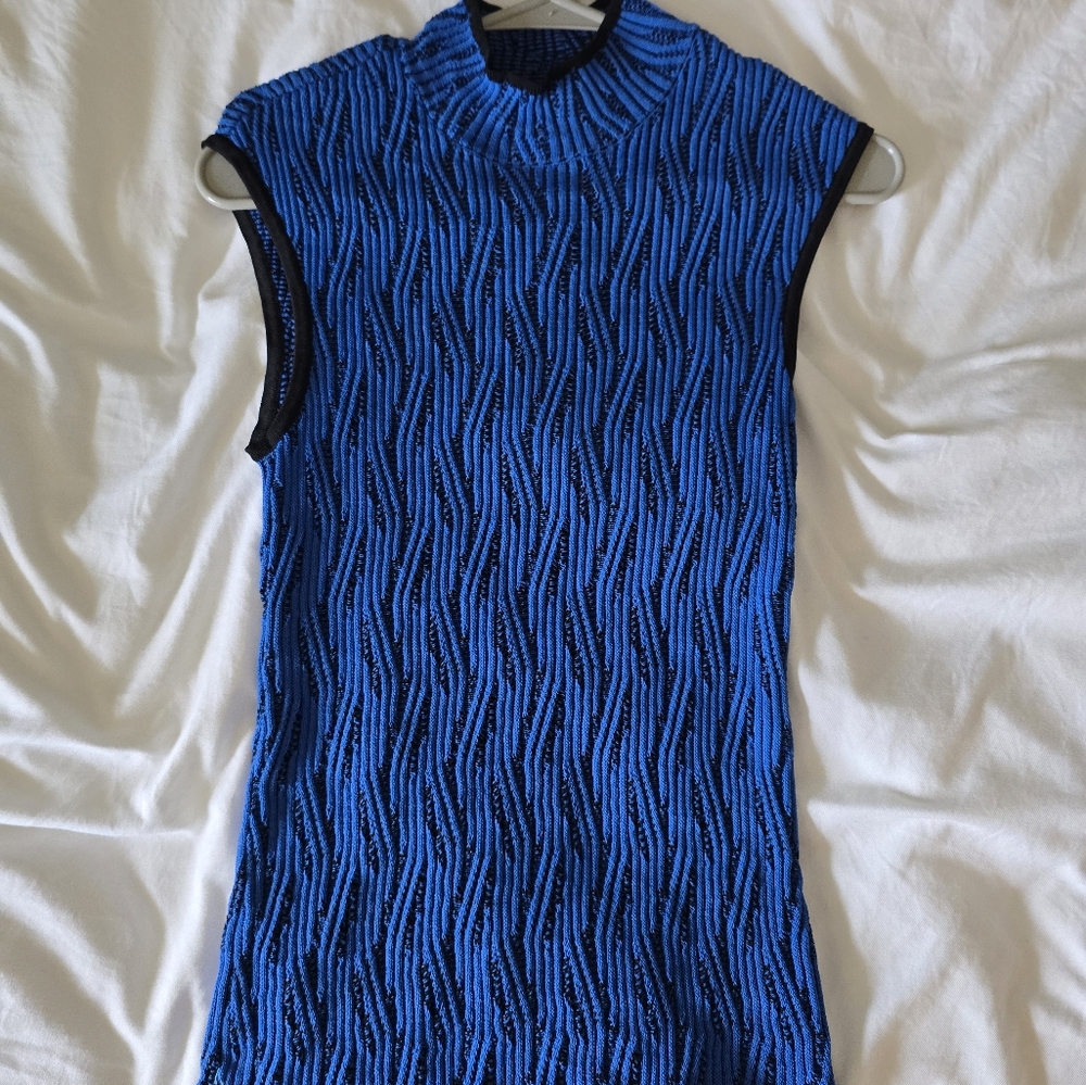 Womens White House Black Market Blue/black Turtleneck Sleeve Less Top